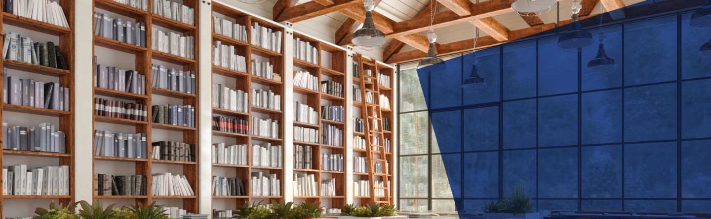 Headerbild Wissenschaft Bibliothek mit großen Regalen voller Bücher